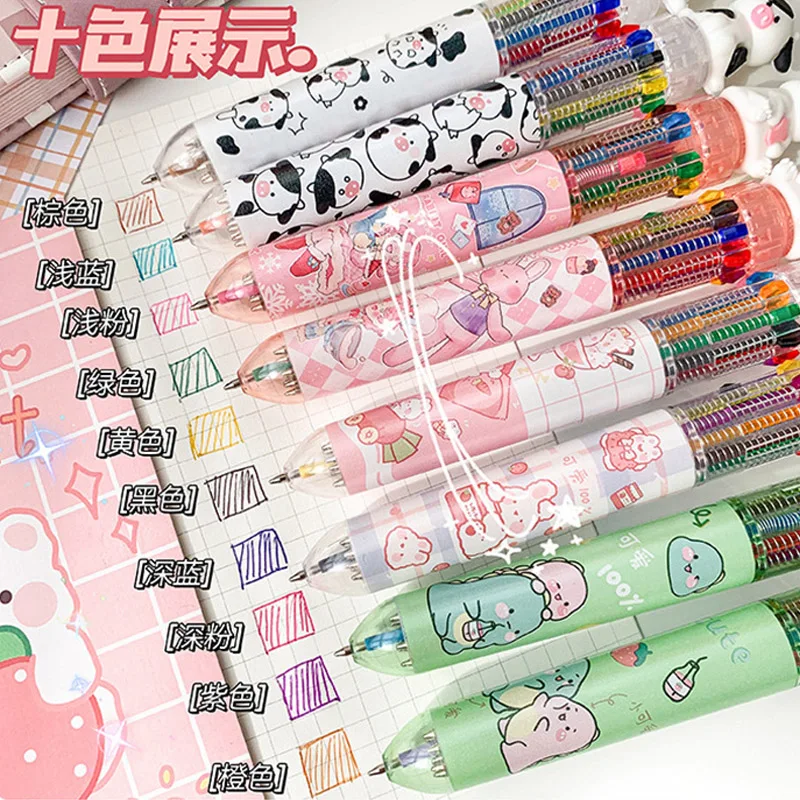 

10 Colors in 1 Creative Cartoon Ballpoint Pens 0.5mm Large Capacity Retractable Ball Pen for School Student Stationary Supplie