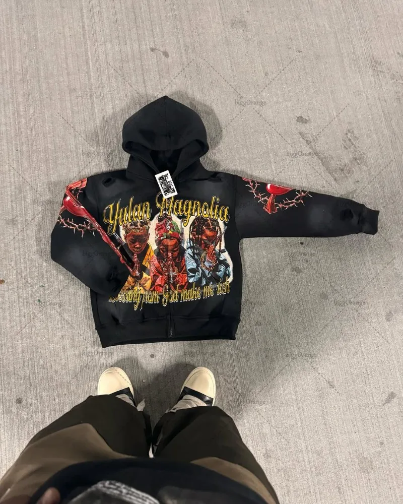 2025 Trendy Brand Hip-hop Punk Streetwear Gothic Harajuku Retro Zipper Hoodie Men High Street Punk Casual Oversized Sweatshirt