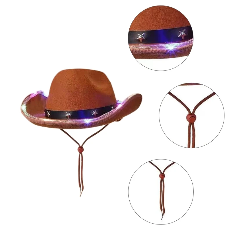 Carnivals Illuminated Cowboy Hat with LED Wide Brim Adult Fedoras Hat for Outdoor Photoshoots Supplies