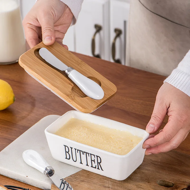 Round Rectangular Ceramic Butter Box Sealed Jar with Knife Household Cheese Box