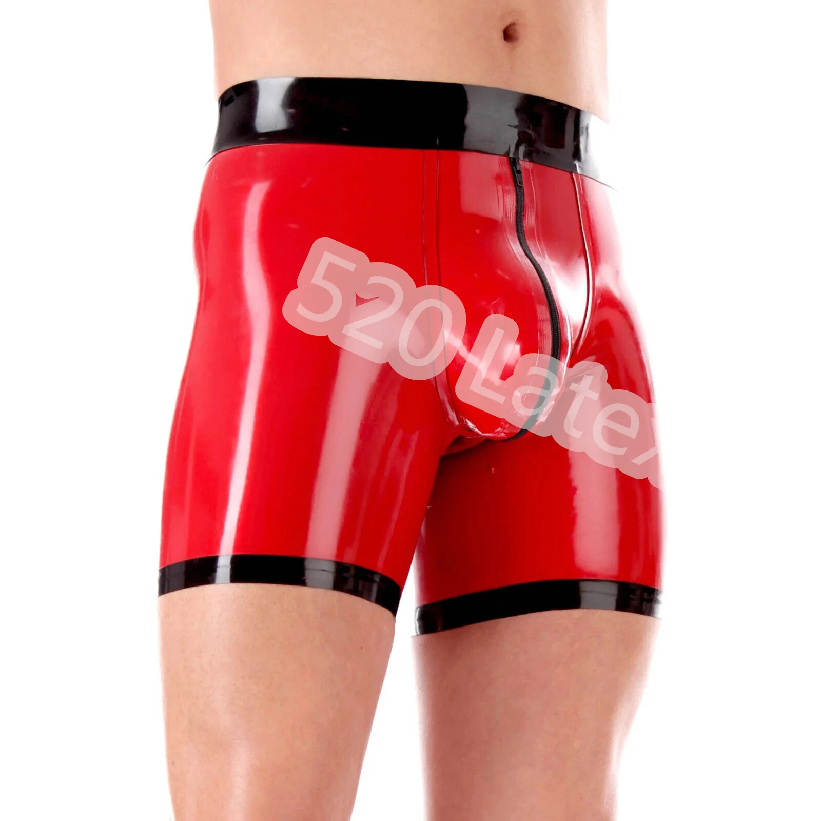 Red And Black Sexy Latex Boxer Shorts With Trims Front Zipper Underwear