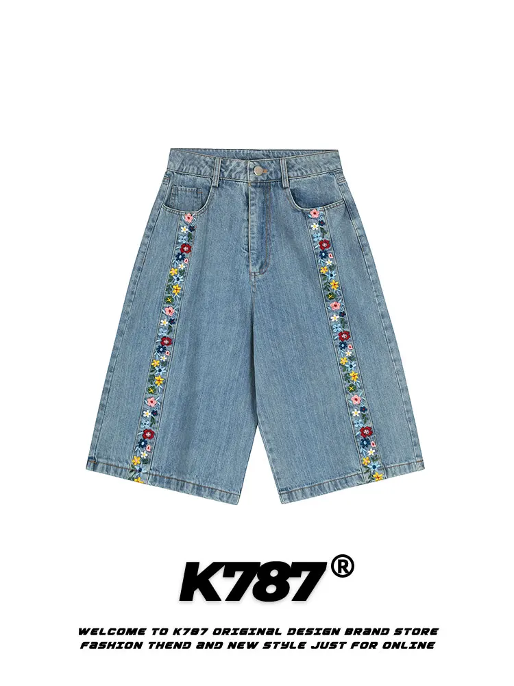 

K787 American Retro Waed Floral Embroidery Jeans Casual Loose Straight Leg Wide Leg Pants High Waist Seven-Foot-Length