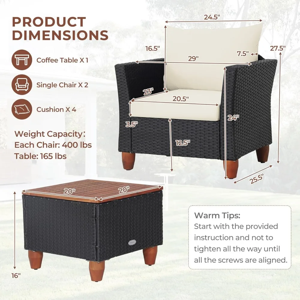 3 Pieces Patio Furniture Set, Outdoor Wicker Conversation Chairs with Cushion, Acacia Coffee Table, Rattan Bistro Set for Balco