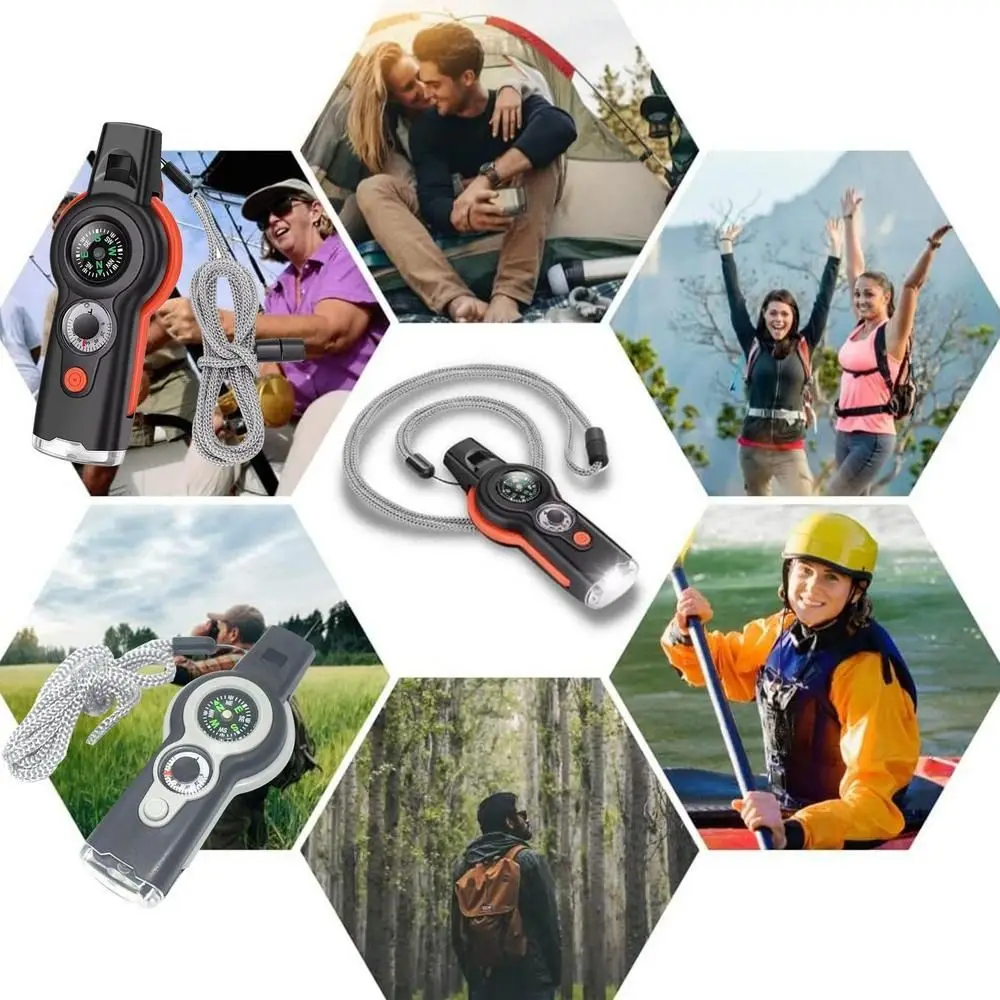 Compass Emergency Whistle LED Light Thermometer Survival Whistle Storage Container Reflector 7 in 1 Whistle Sporting Goods