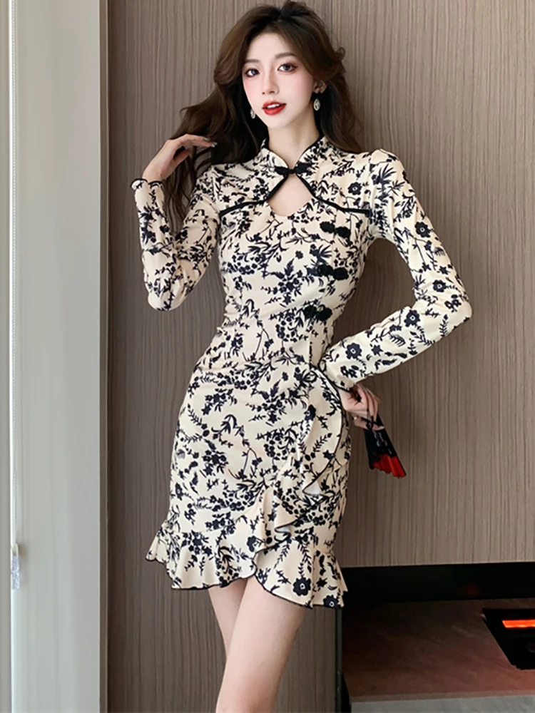 

Женское мини-платье с длинным рукавом и цветочным принтом, осень-зима, элегантное повседневное платье с рюшами, 2025 г., корейская мода, облегающее платье, Vestidos