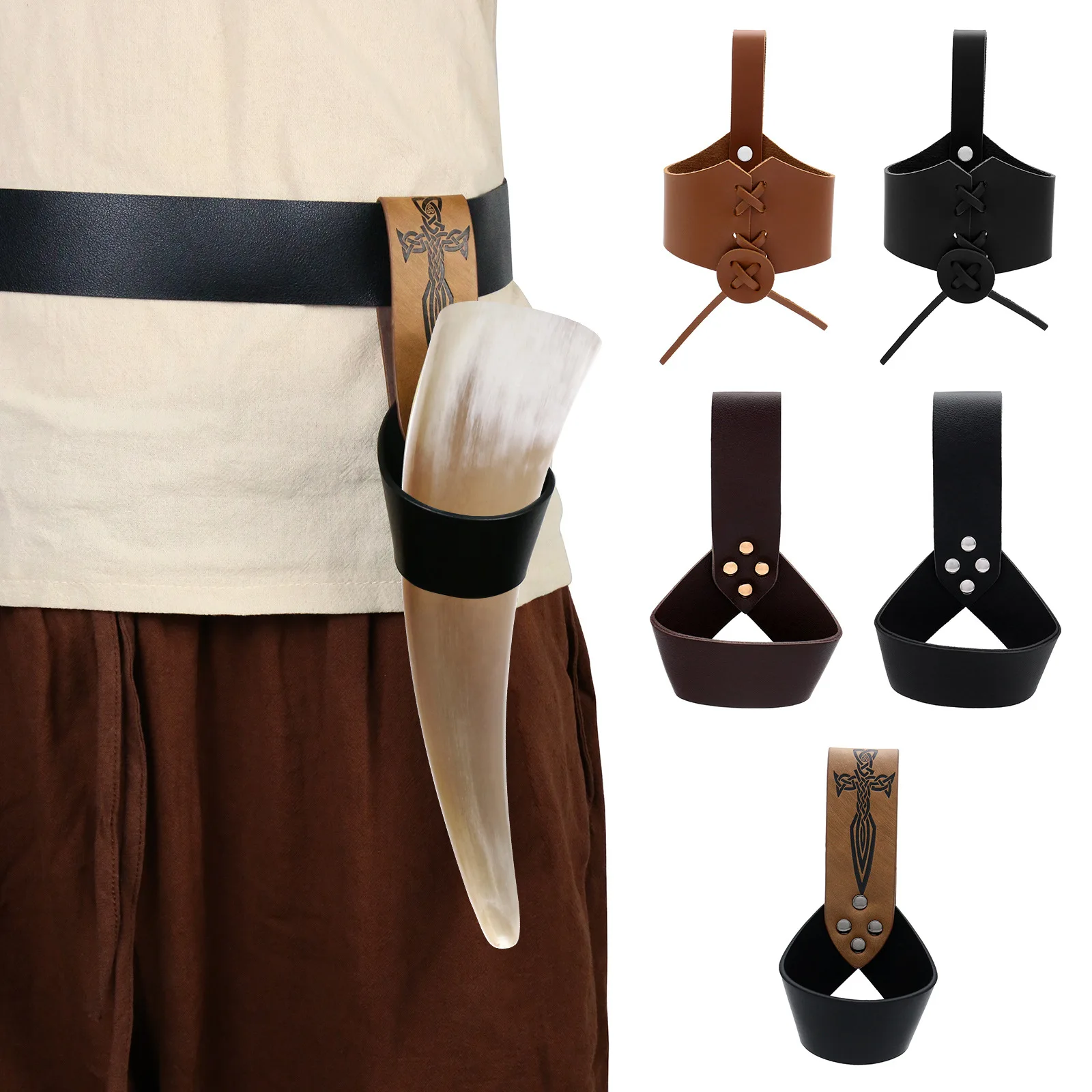 

Medieval Viking Hunter Dress Up Leather Accessories Bull Horn Portable Drinking Sleeve Halloween Cosplay Costume Props