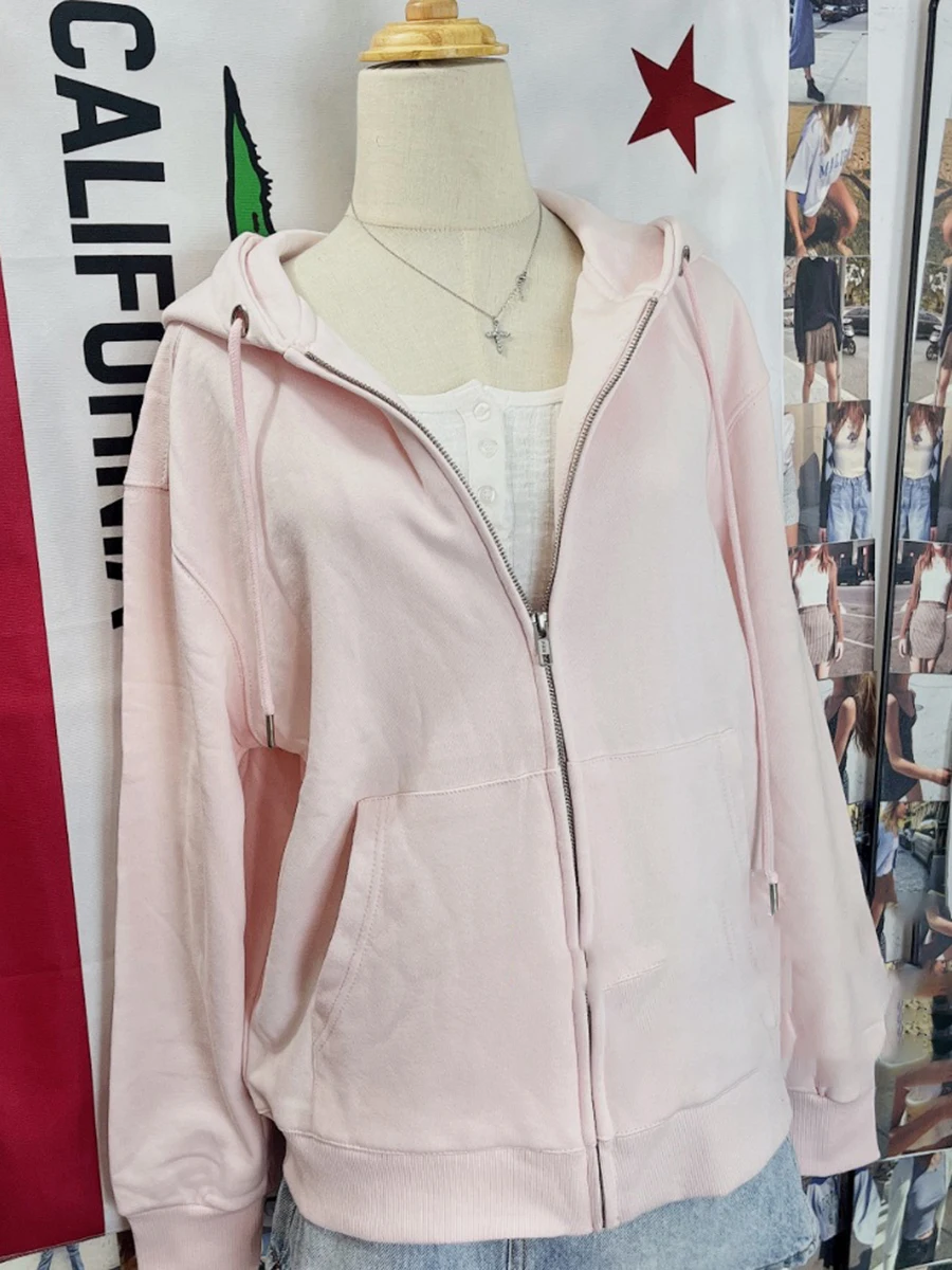 Rosa süßer übergroßer Kapuzenpullover, Herbst, langärmelig, mit Kapuze, Reißverschluss, Baumwoll-Sweatshirt, lässig, einfach, Adrette, niedliche Hoodies, Top für Damen