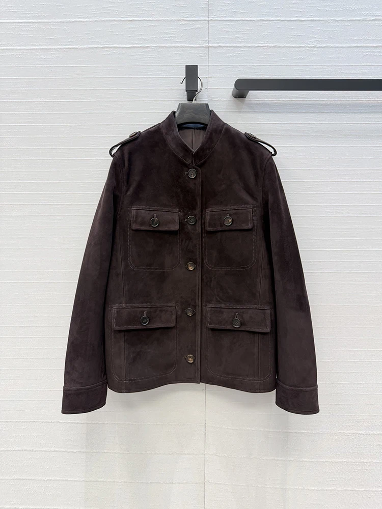 Spring Summer Fashion Russet Brown Vintage Loose Leather Coat Women's Stand Collar Button Multi Pocket Long Sleeve Jackets