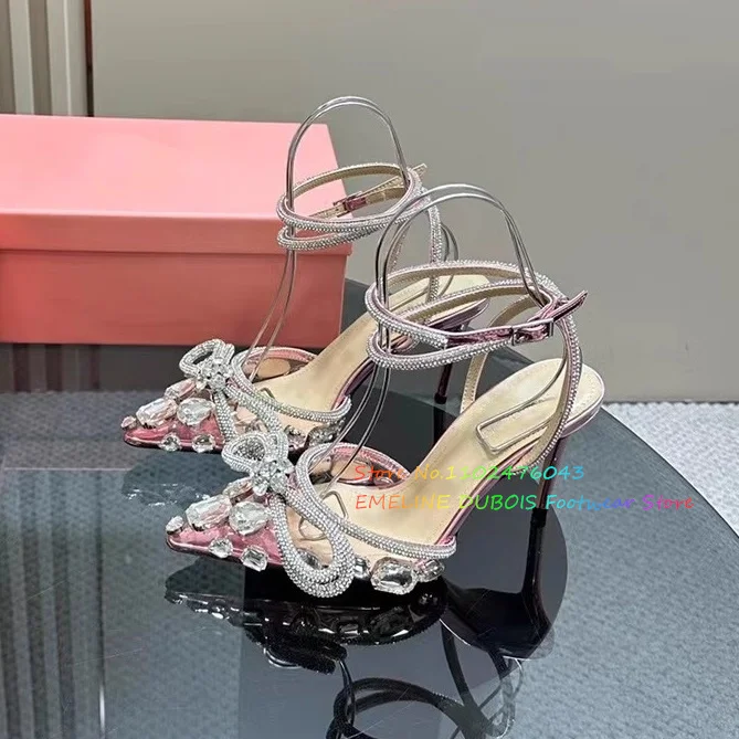 Summer New Pink Pointed Super High Heel Sandals Women Bow Knot Water Diamond Thin Heel Slingback Ankle Strap Women's Shoes