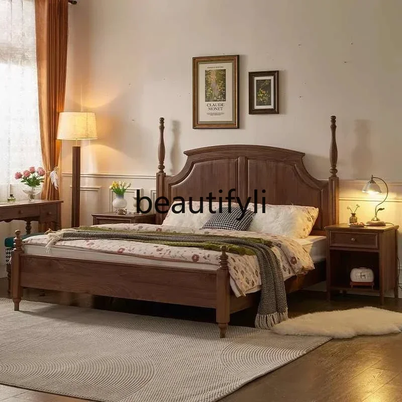 

SS ss7486 North American black walnut bed solid wood 1.8 meters American double retro French bedroom medieval master bedroom que