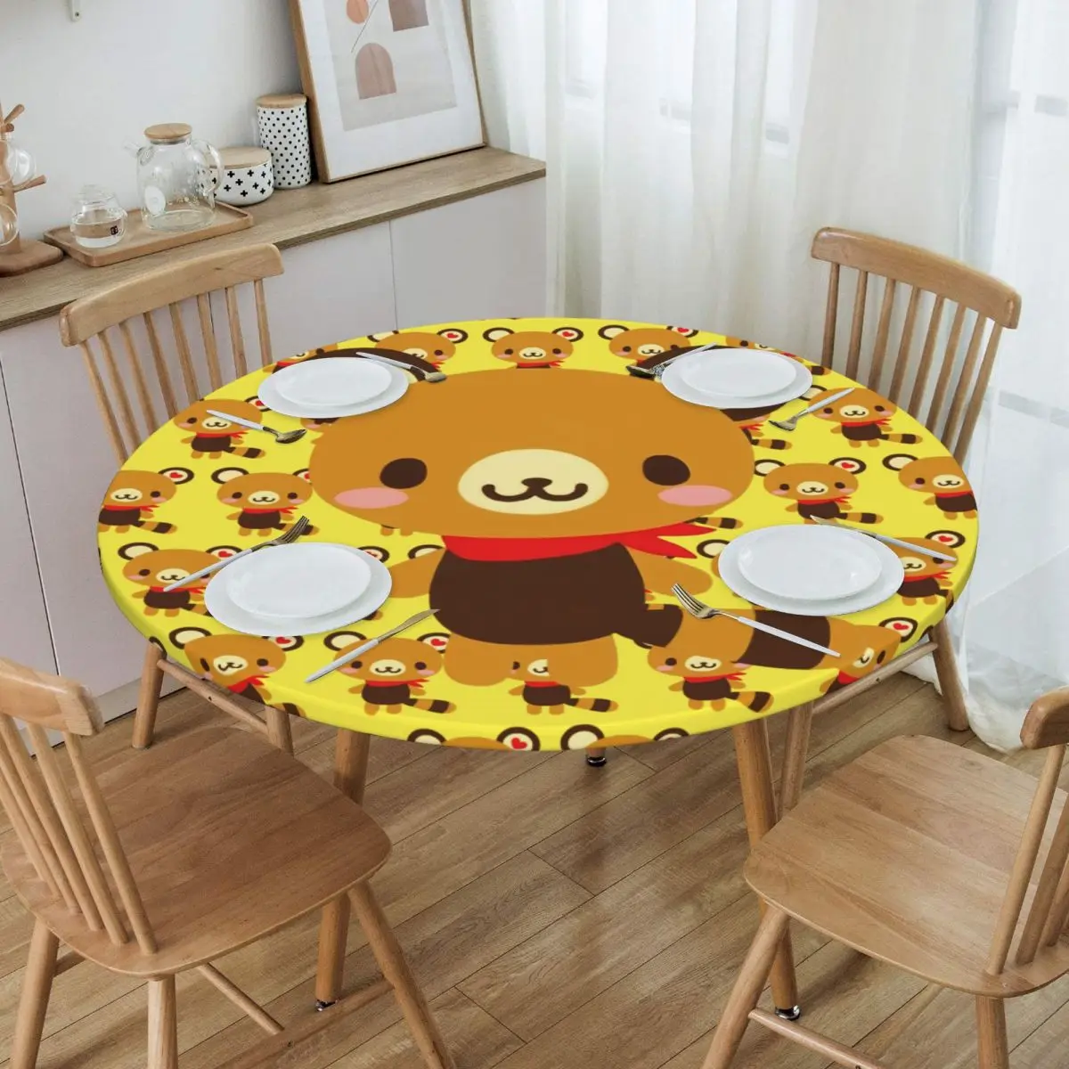 Round Waterproof Oil-Proof Cartoon Tenorikuma Sanrio Anime Bear Tablecloth Backing Elastic Edge Table Covers Fit Table Cloth