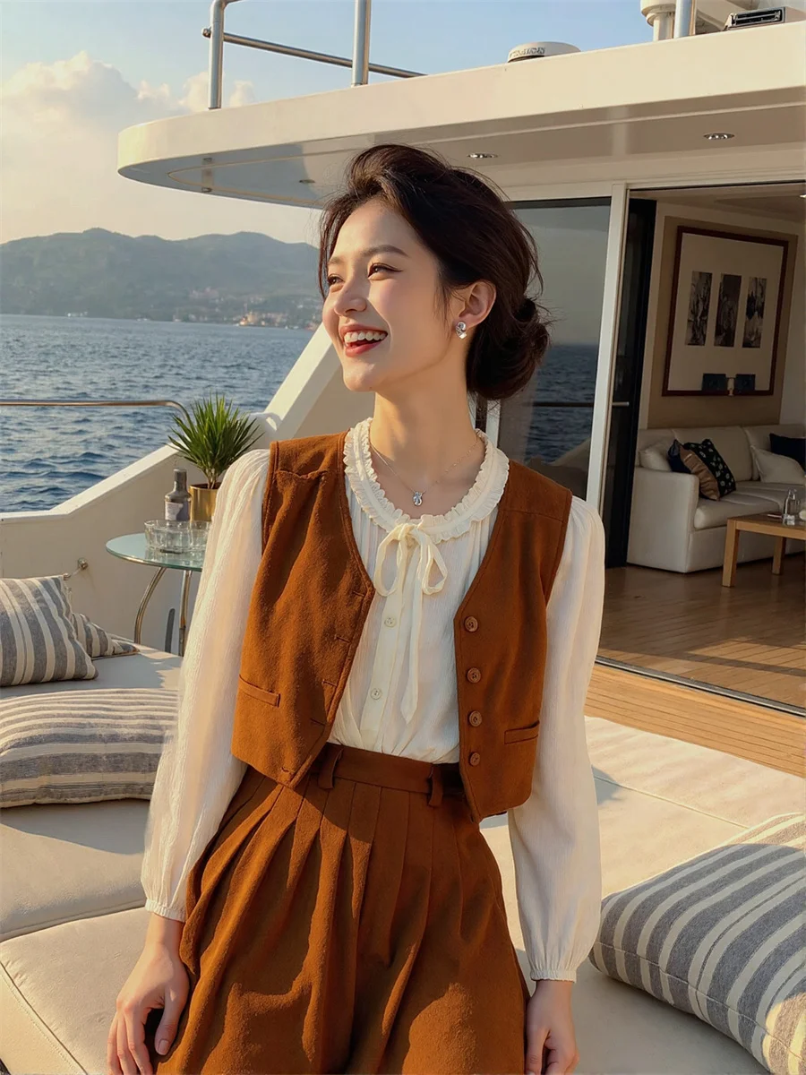 Женские жилеты, женские зимние жилеты в корейском стиле, коричневые, с несколькими карманами, осенние, с толстым шнурком на талии, мешковатые, без рукавов, модные