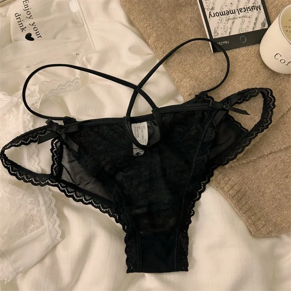 Patchwork Bow Lace Flower Panties Transparent Hollow French Style Briefs Thin Strap Low Waist Women Underwear Gifts
