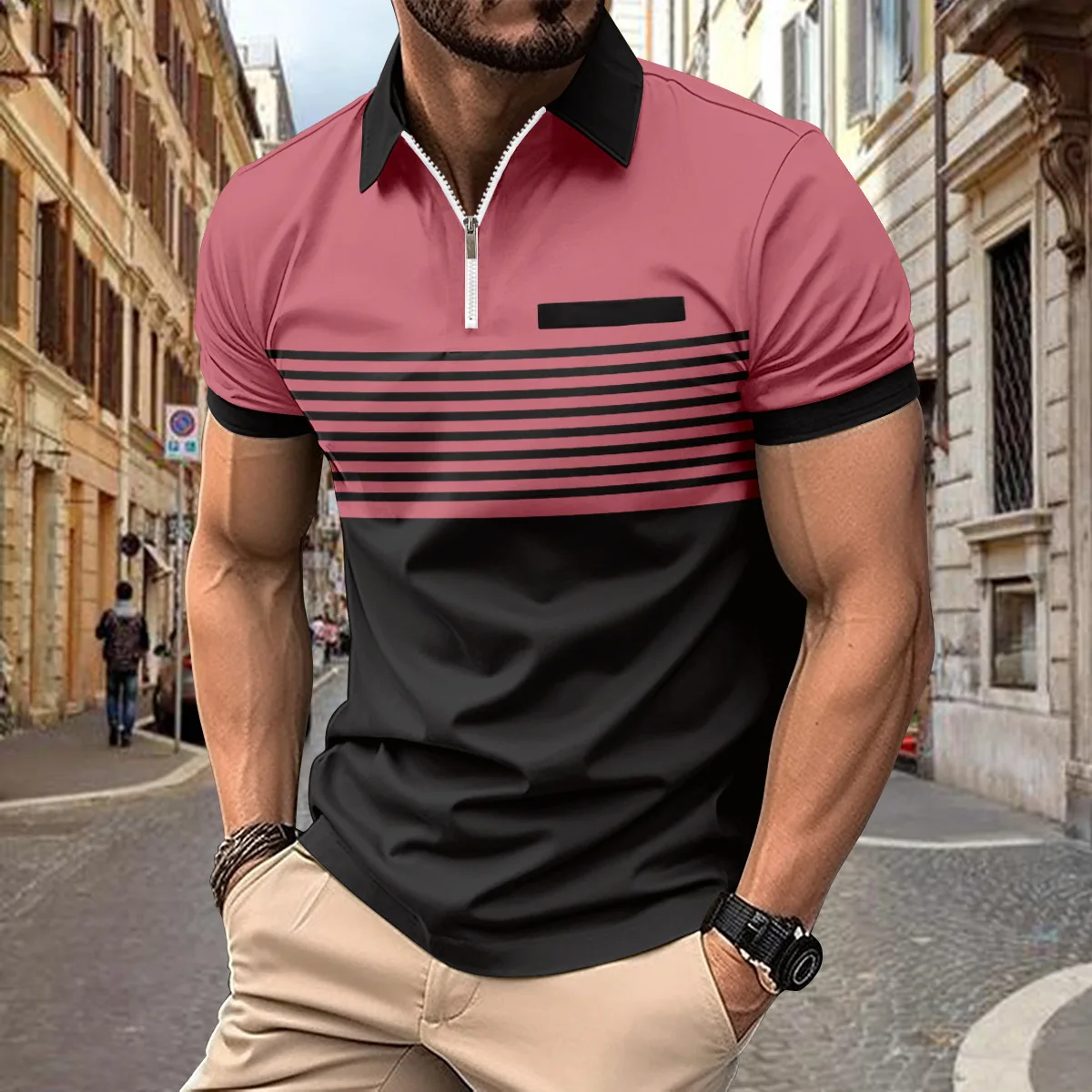 Camisa polo casual de manga curta masculina, zíper lapela, costura listra, roupas de golfe, verão