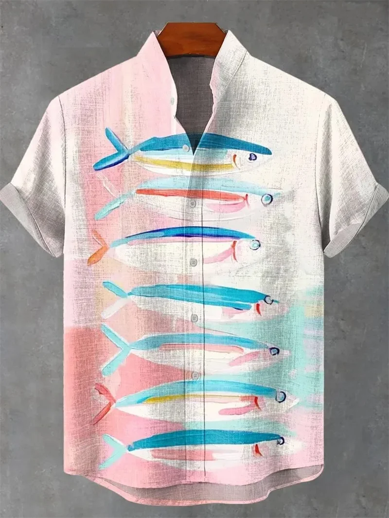 

New men's 3D grass leaf print retro animal pattern casual short sleeved shirt fashionable linen top clothing