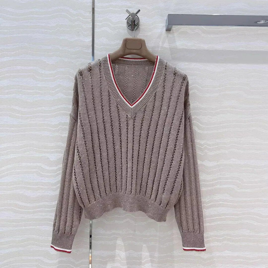 

Old Money Style Hollow Out Linen Yarn Sequins Knit Sweater Women Pullover Contrast V-neck Long Sleeve Casual Lazy Style Jumper