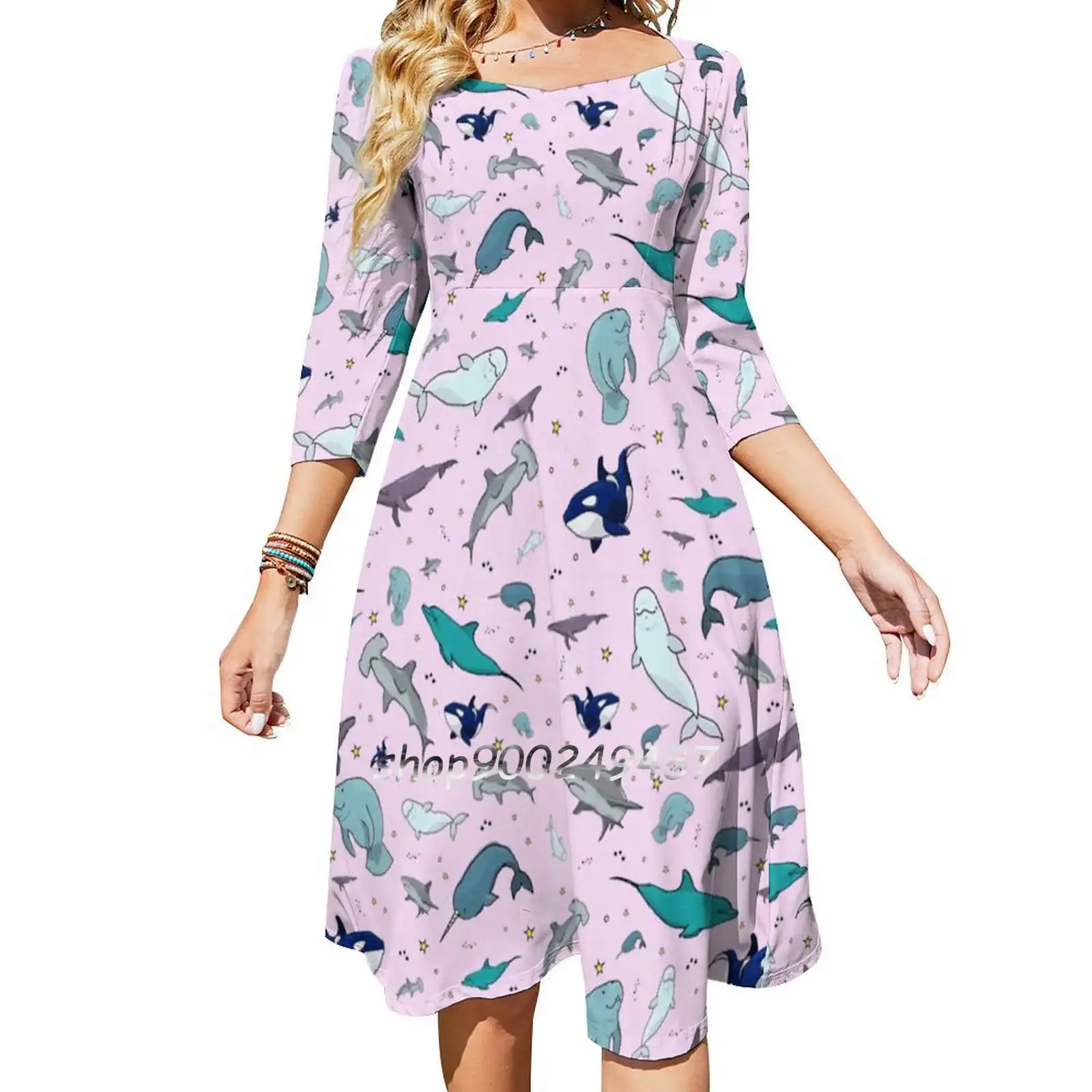 Ocean In Pink Square Neck Dress New Plus Size Elegant Women Waist Tight Dress Ocean Sea Animals Marine Whale Beluga Manatee