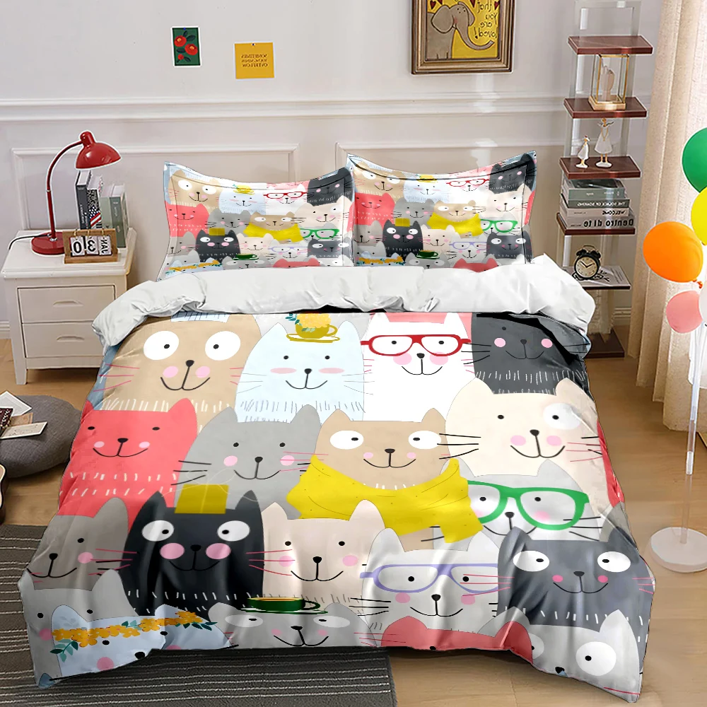 Cute cats group colorful decor Print Bedding Set 1 Duvet Cover 2 Pillowcases for Adult and Children Luxury Gift Full Size