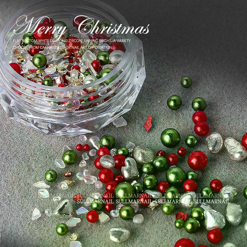 Perlas redondas mezcladas de Navidad, decoración artística de uñas estereoscópicas coloridas, diamantes de imitación para uñas, suministros para uñas, accesorios para uñas