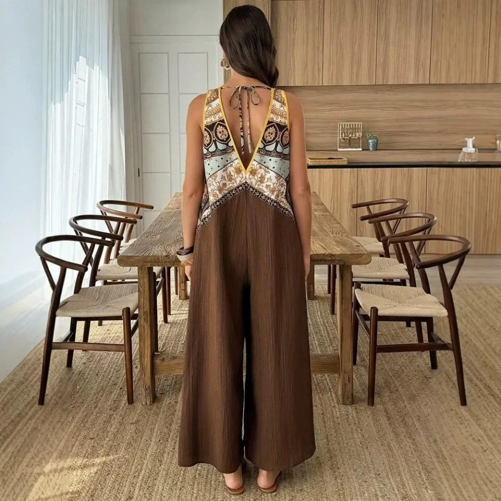 Women S Size Palace Print Textured Fabric Spaghetti Strap Camisole Jumpsuit Bohemian Loose Casual Vacation Soft Breathable