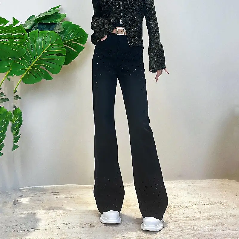 Jeans svasati con diamanti a vita alta da donna Sle Primavera Nuovo arrivo Ele Pantaloni lunghi versatili fino al pavimento