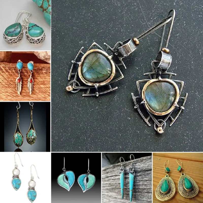 

Vintage Carving Leaves Dangle Earrings for Women Ethnic Jewelry Bronze Color Teardrop-shaped Green Stone Hook Earrings