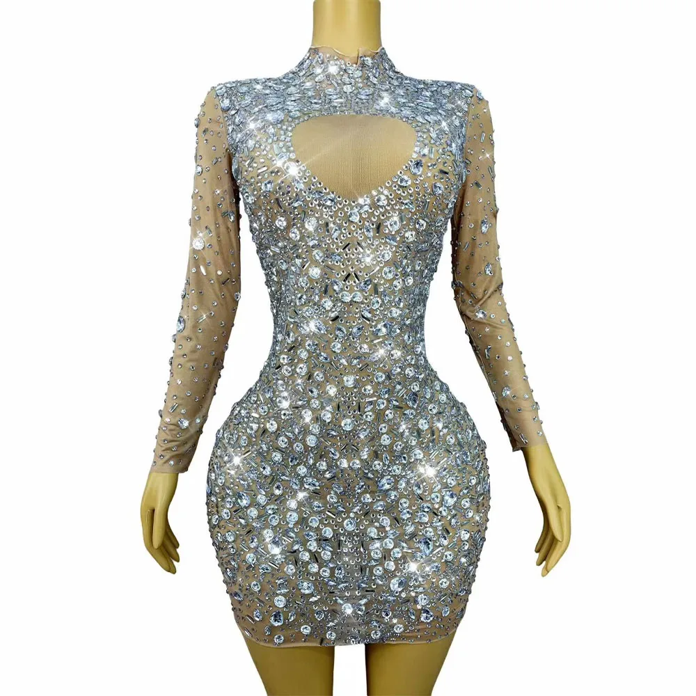 فاخر مثير مساء وامض الفضة الراين عارية شبكة زراعة فستان المرأة عيد ميلاد كوكتيل حزب ثوب السجادة الحمراء الزي