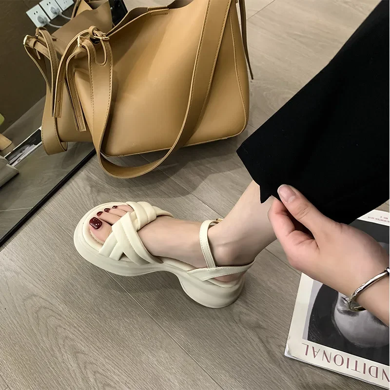 Women's Summer 2024 New Style Thick Bottomed High Heels Greek Feeling Black Sandals With Skirt Roman Style Shoes For Ladies