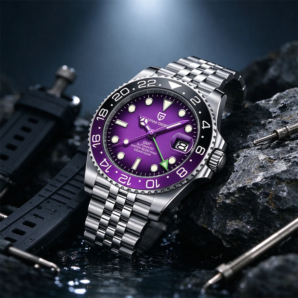 PAGANI DESIGN 40 GMT WATCH Dark Color Tone Men Mechanical Watch Jubilee Strap Sapphire Glass 100M Waterproof Stainless Steel Automatic Men Watch Gift Watches