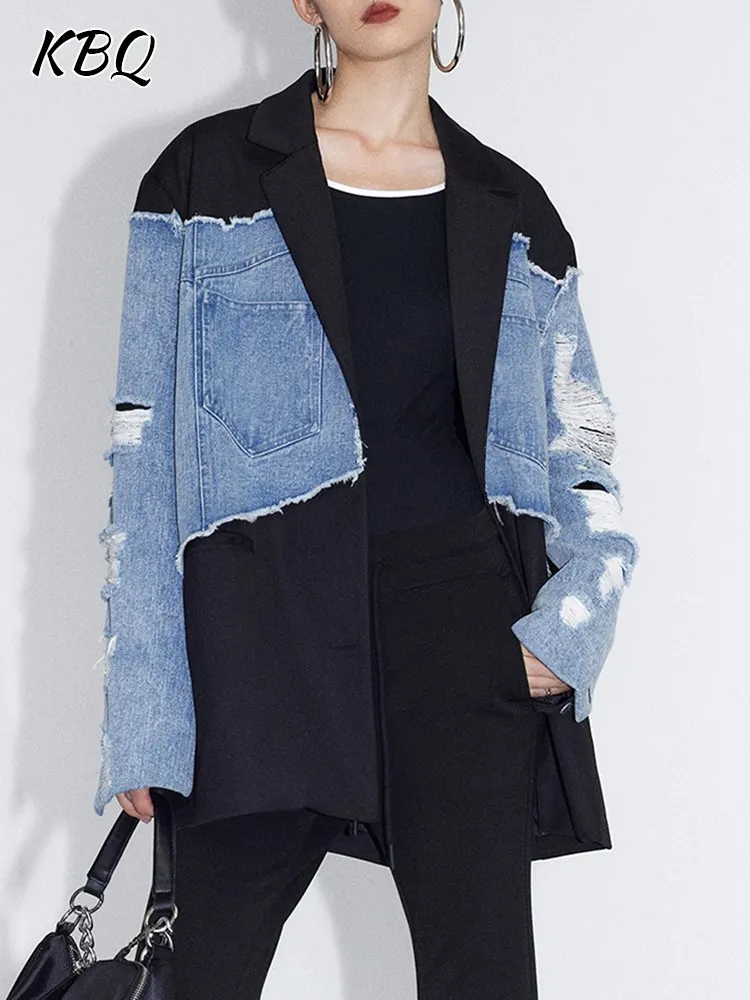 

KBQ Patchwork Denim Hit Color Ripped Jacket For Women Notched Collar Long Sleeve Single Breasted Spliced Pocket Chic Coat Female