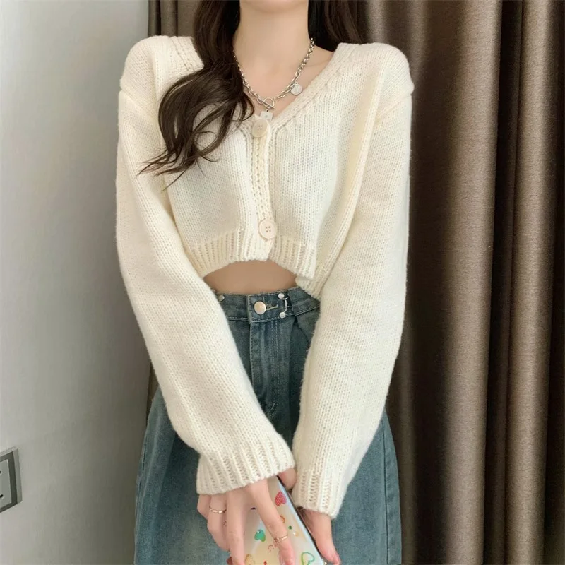 Box-fit Crop Cardigan Sweater Button Front Long Sleeve V-Neck Pastel Plain Knit Jacket Women Teen-girl Fall Winter Y2K Outfit