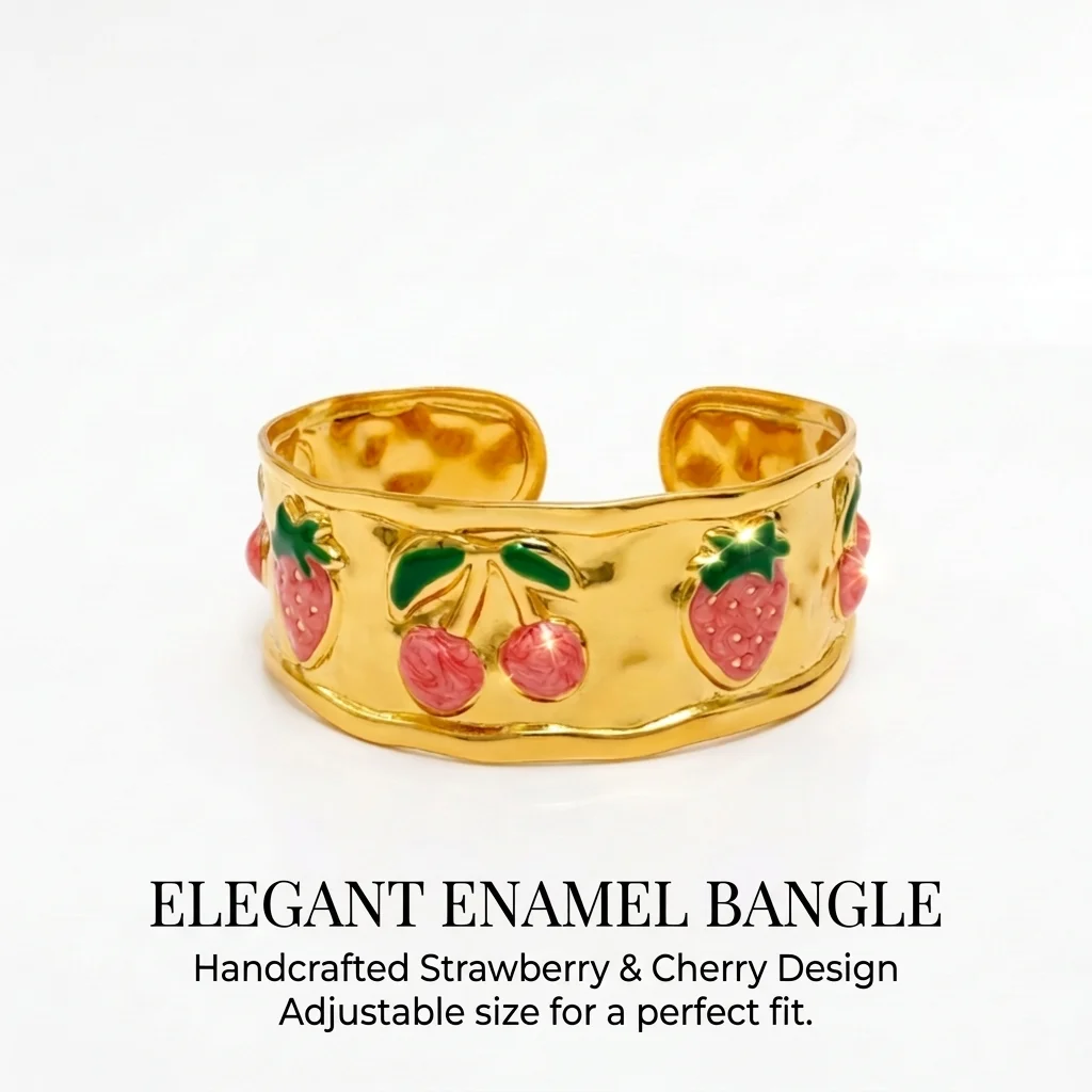 JP One Fruit Emaille Verstellbarer Armreif, Edelstahl Bohemian Style Kirschen Erdbeeren Armband für Frauen, Modeschmuck Geschenk