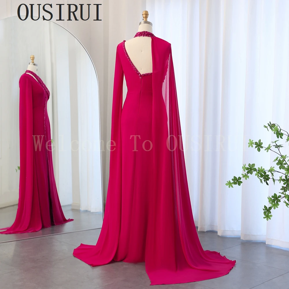 OUSIRUI Turquoise Chiffon Dubai Evening Dress with Cape Sleeves Fuchsia Lilac Arabic Women Wedding Party Gowns