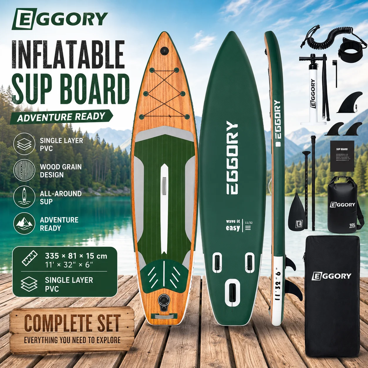 Tabla de paddleboard inflable Leggory × 81x15cm, ligera, para adultos y jóvenes, con remo, 3 aletas, correa, bomba manual, bolsa impermeable, kit completo con mochila de 10L, estable, duradera, versátil, deportiva