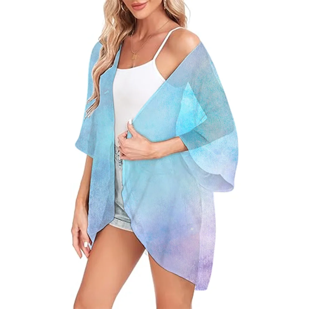 Summer Kimono Chiffon Cardigan Tops Gradient Printed 2024 New Women Beach Cover Up Tops Beachwear Hawaii Chiffon Cardigan Shirts