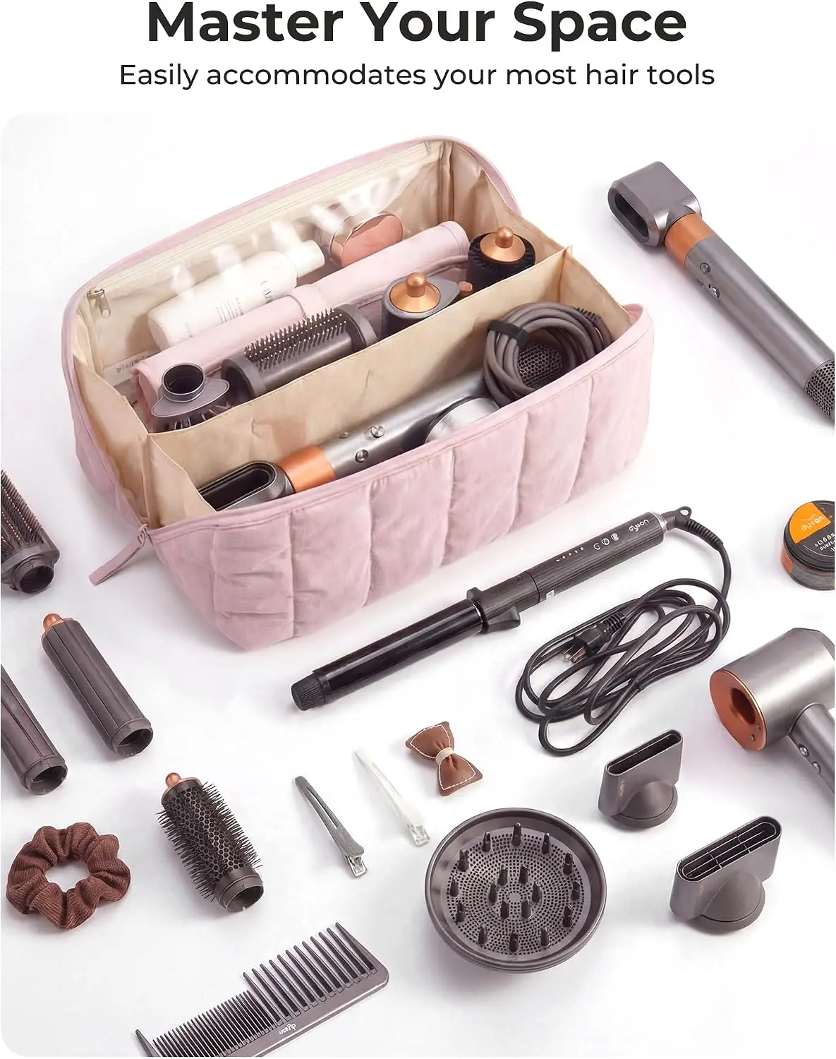 Hair Tool Organizer Travel Storage Bag For Dyson Air Wrap Shark Hair Dryer, Wide-Open Accessories Organizer With Heat Resistant Mat Makeup Bag