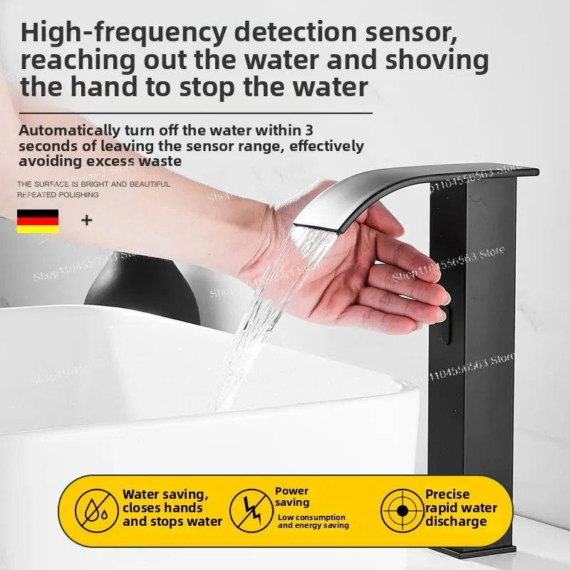 ブラックスマートセンサー蛇口、滝、温冷、洗面器、全自動、オール銅。