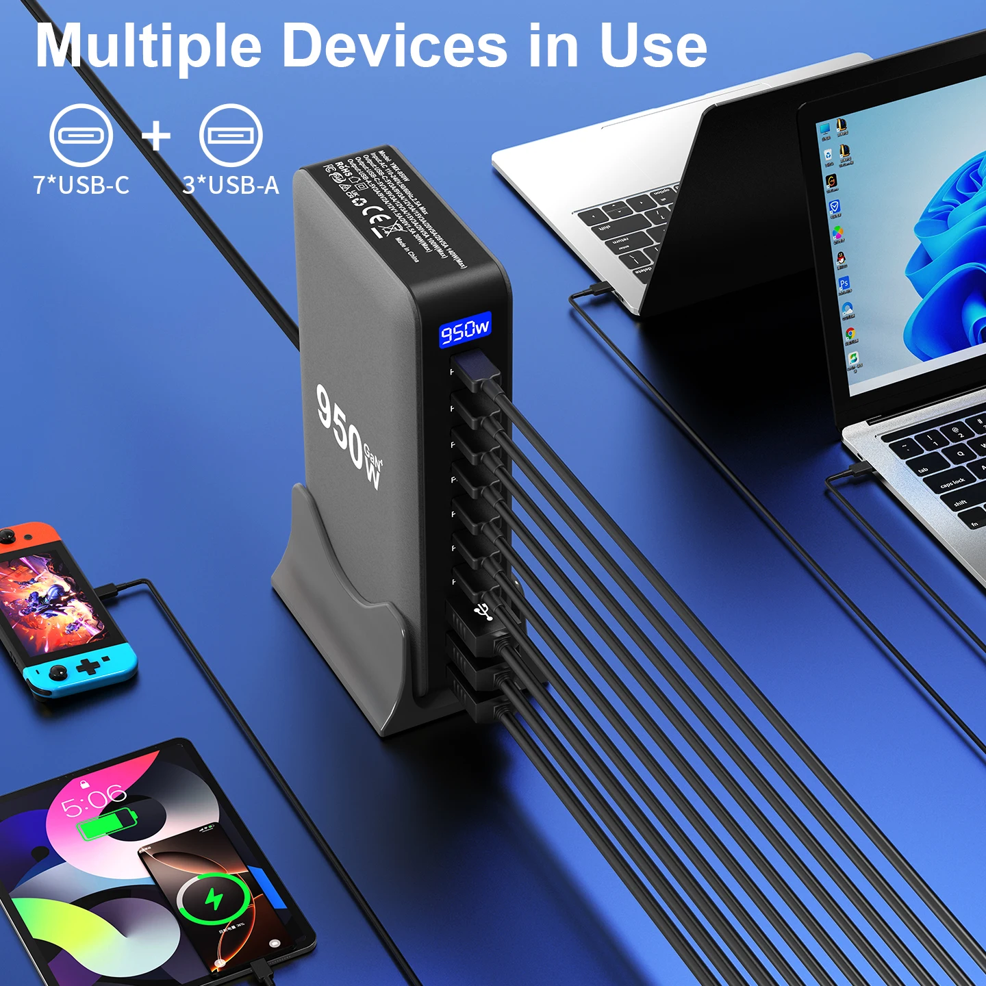 950 واط USB C GaN شاحن 100 واط PD3.0 PPS QC3.0 محطة شحن سريعة متعددة المنافذ لأجهزة الكمبيوتر المحمول آيفون سامسونج ماك بوك برو اللوحي #3