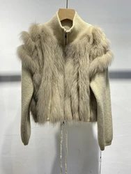 Camisola de malha curta Khaki Real Fox Fur feminino, casaco de zíper, outono 2022