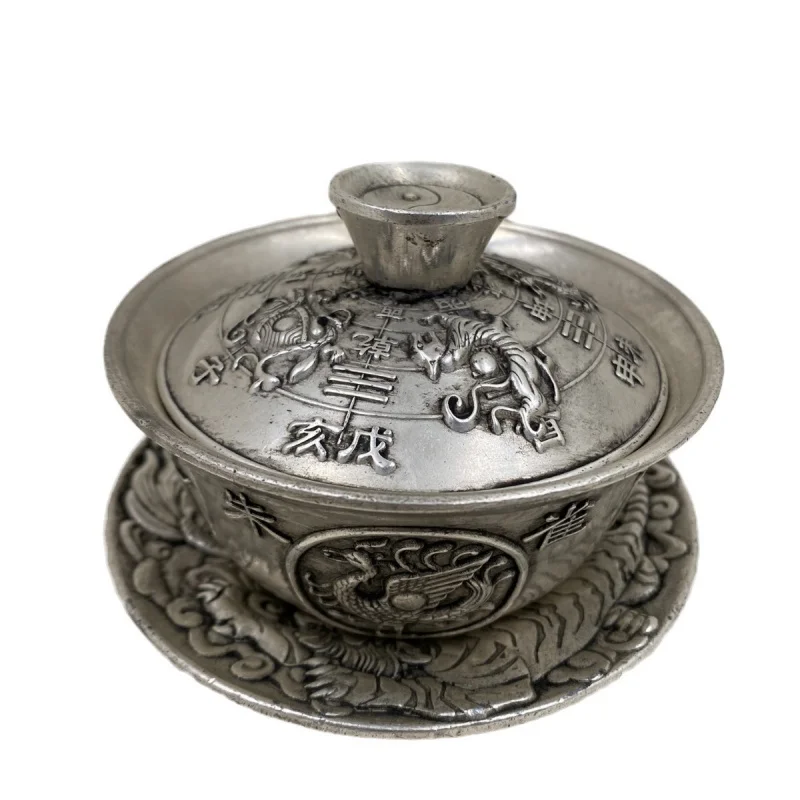 Antique Old Silver Tibetan Silver Pure Silver Miao Silver Sterling Silver Baifu Longevity Tea Cup Tea Cup Tureen Silver Ornament