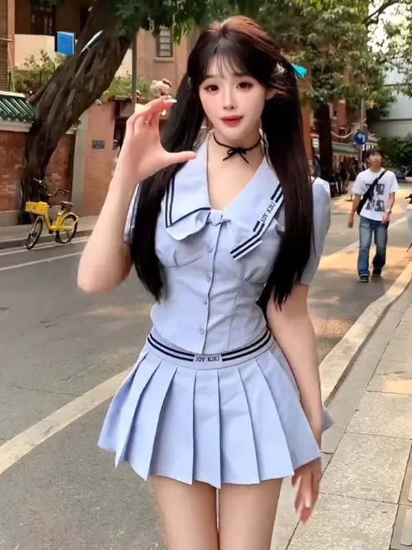 Korean Sle College Girl Outfit ature Design Sensation Spicy Doll Collar irt Pleated Skirt Slimming Effect Faion Set