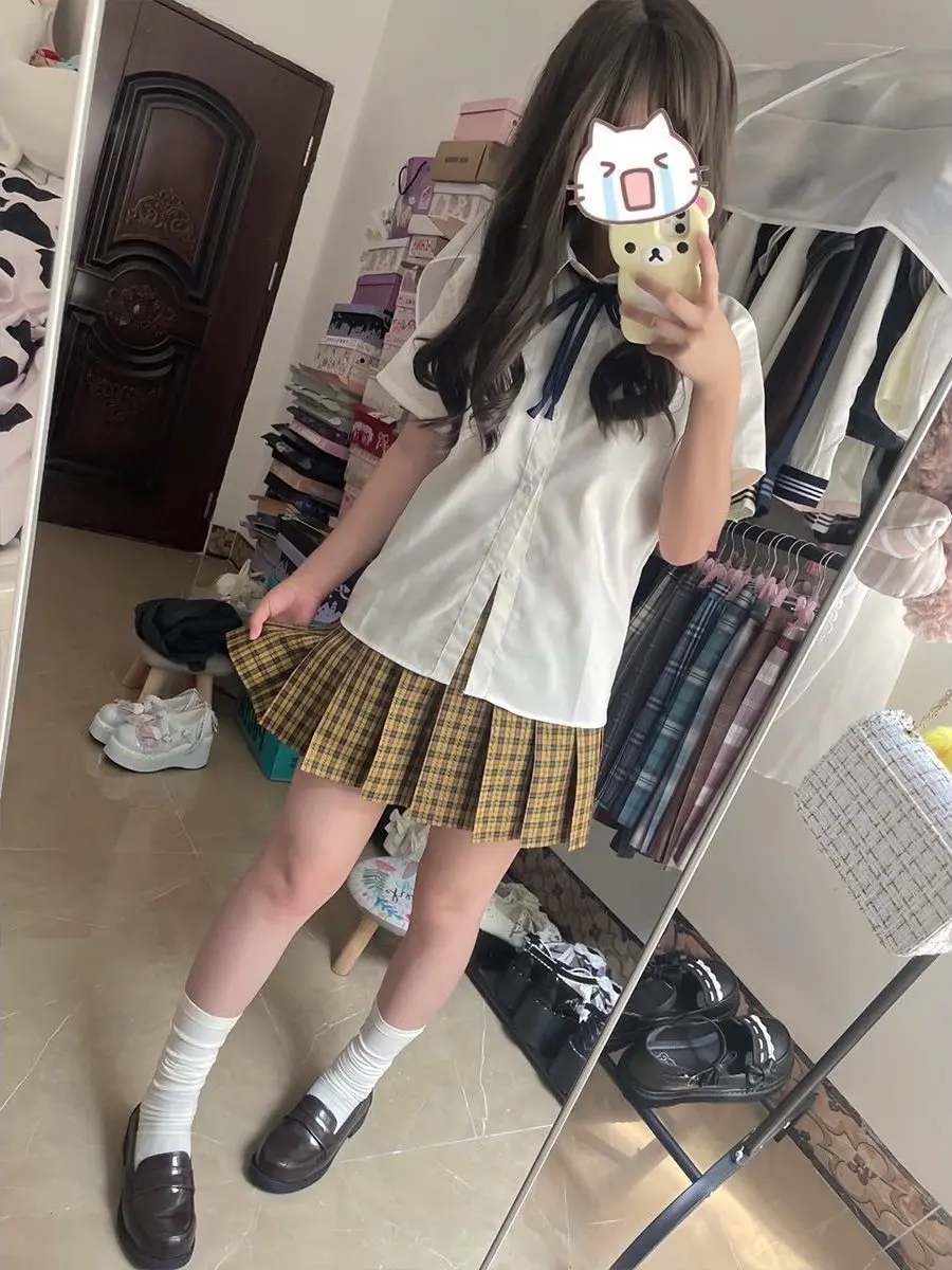 

Original Design Summer Floral Print JK Uniform Short Sleeve Shirt And Skirt Set Women's Preppy Style Gingham Skirt