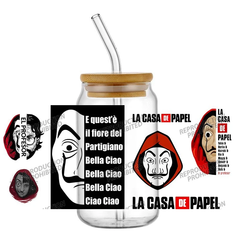 popular Red Mask UV DTF cup Wraps Heist Themed transfer Stickers for 16oz Glass Cans Waterproof DIY Transfer 3D Decals