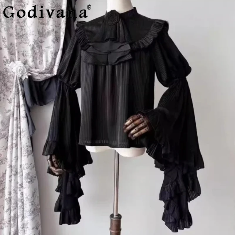 

Spring Autumn Elegant Lolita Flare Sleeve Stand-up Collar Bottoming Shirt Versatile Girl Ruffles Age-reducing Solid Color Shirts