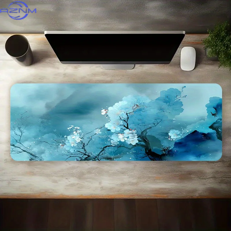 A Large Electronic Sports Gaming Mouse Pad Featuring a Blue Ink Wash Style with Floral And Cloud Patterns, Equipped with a Non-S