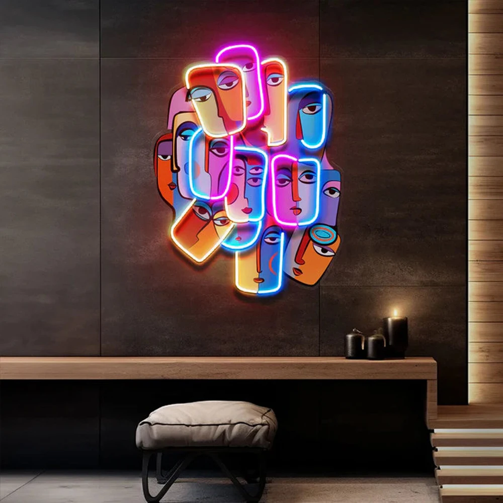 Colorful Faces Abstract Art LED Neon Sign Light Handmade Custom Personalized Neon Bar Sign for Living Room Home Wall Decoration