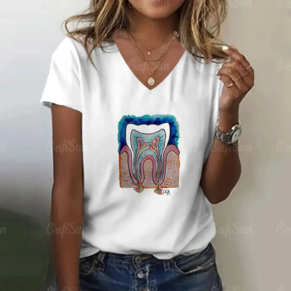 2024 Women\'s V-neck Clothing 3D Dentist and Tooth Print T-shirt White V-neck shirt Crop Top Fun Y2k Harajuku Base