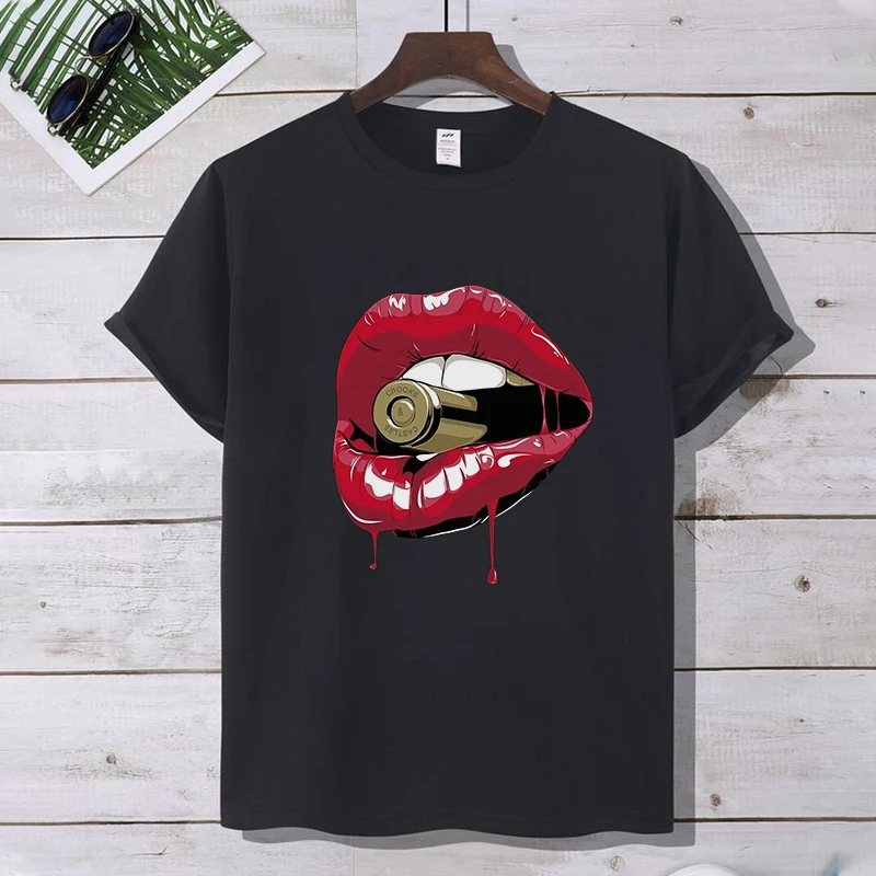 

Personality Lips Printed Graphic T Shirts Y2k Men's Clothing 100% Cotton Quality Women's Oversize Short Sleeve Tee New in Tops