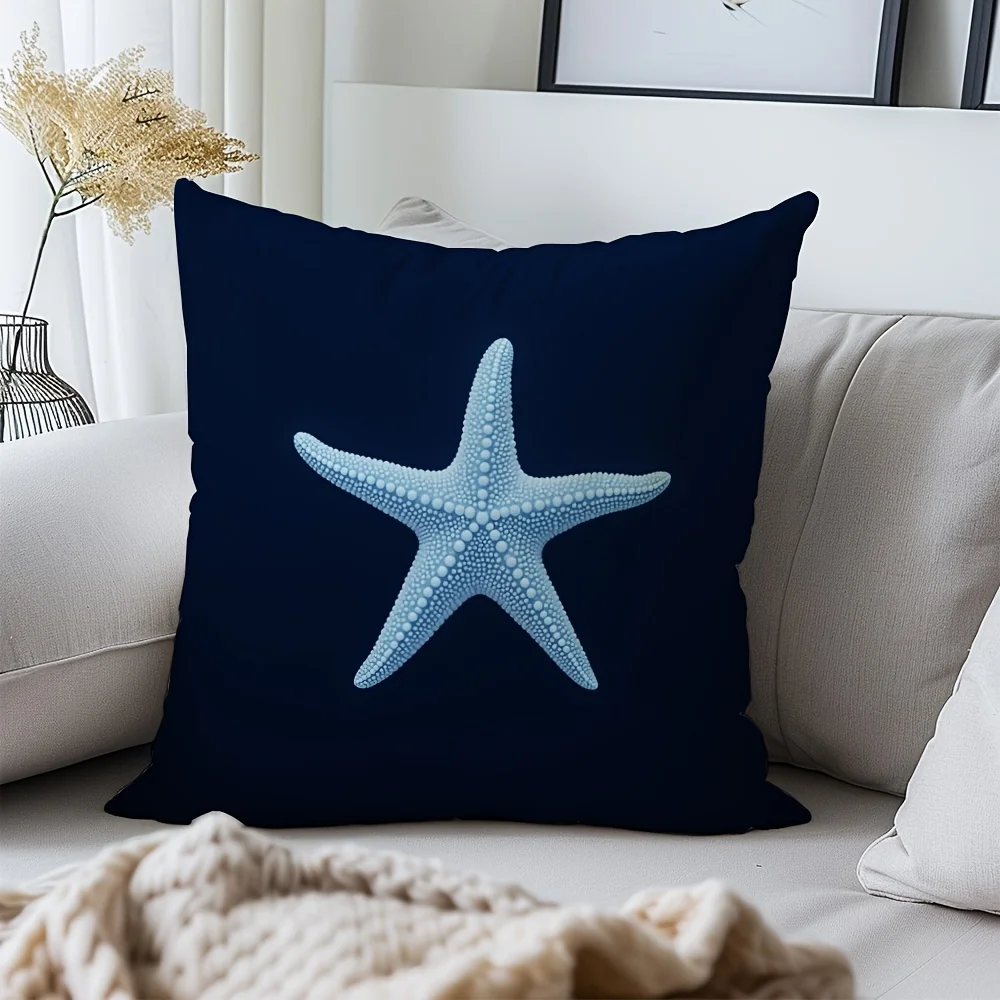 Navy Blue Starfish Pillow Cover 18x18 Inch Polyester Zipper Machine Washable Coastal Decor Sofa Bed