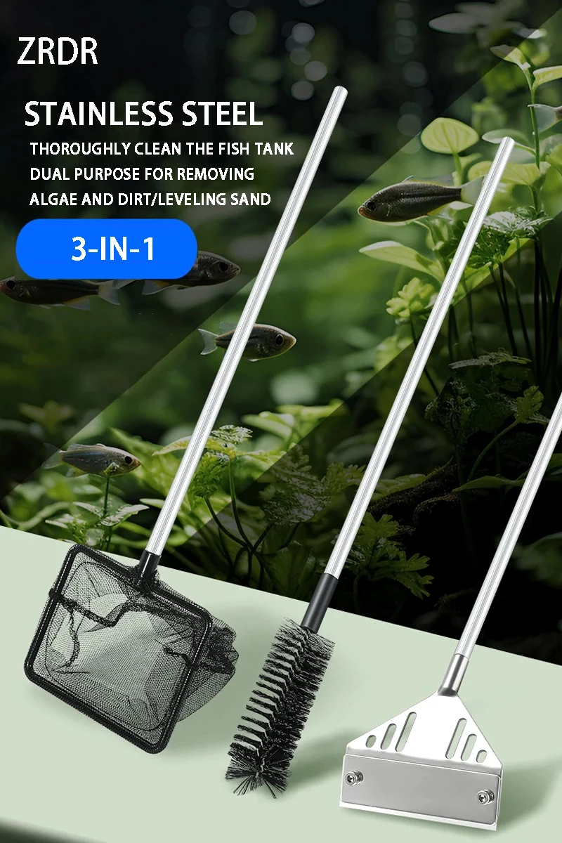 Aquarium-Algenentferner aus Edelstahl, Drei-in-Eins-Set mit Netzbeutel, Reinigungsbürste, Flachbürste zur Algenentfernung, Fischbecken-Reinigungswerkzeug für Zuhause – Detail 1